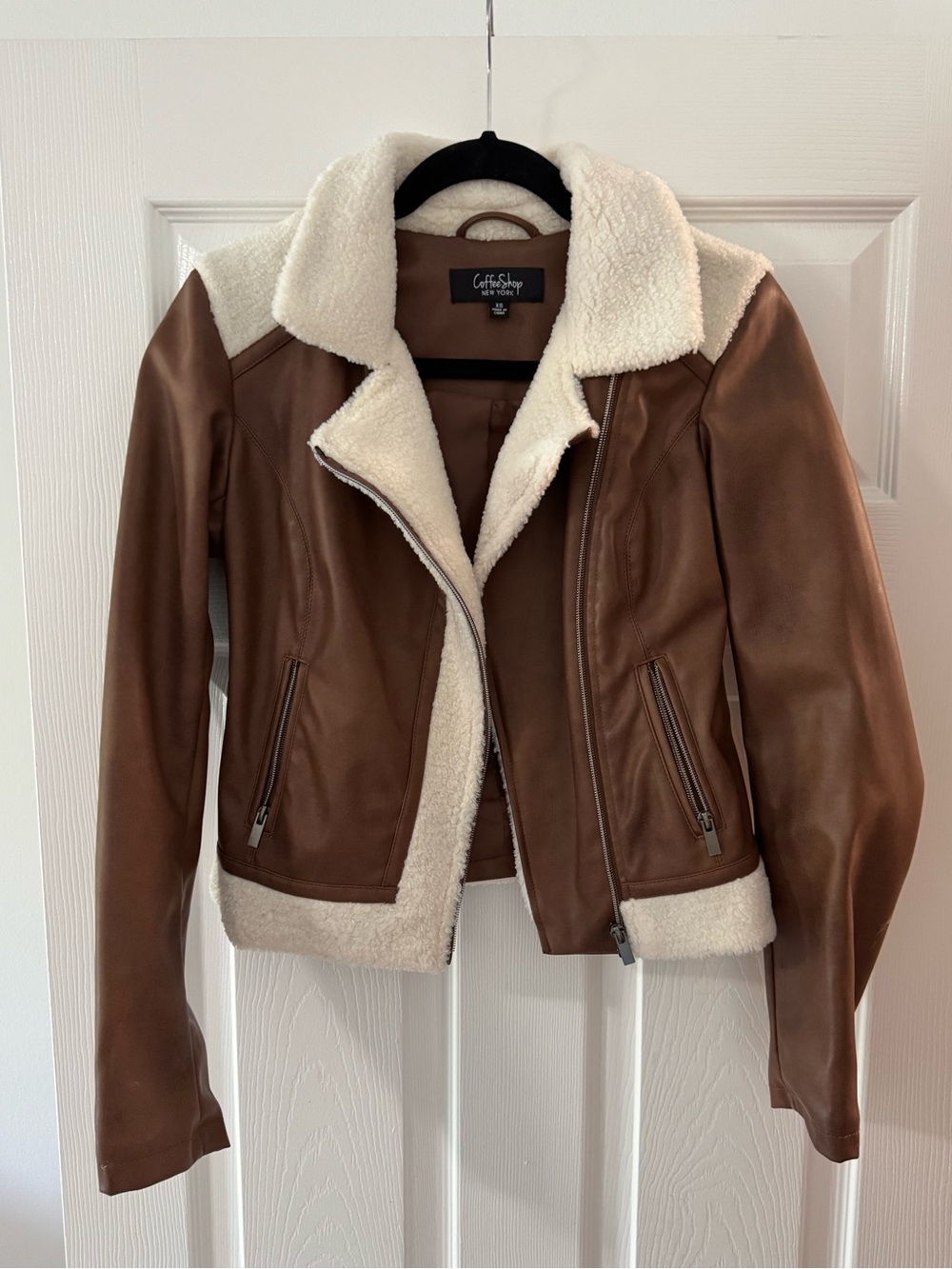 CoffeeShop Brown Leather Sherpa-Lined Jacket with Cream Trim